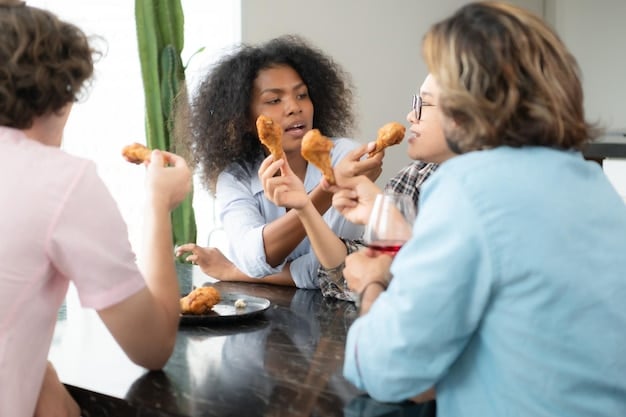 A group of diverse individuals sharing a meal together, engaging in conversation and savoring each bite, demonstrating the social and communal aspects of mindful eating.