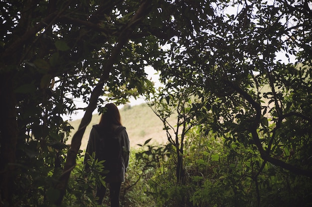 A person walking in a lush green forest, sunlight filtering through the trees, focusing on the present moment and feeling the connection with nature.