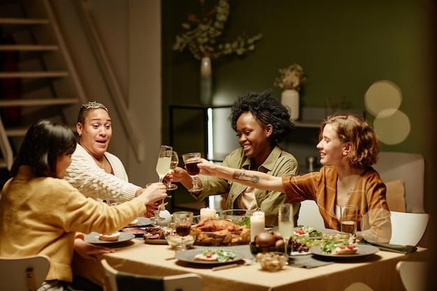 A family is laughing together at the dinner table, enjoying a meal and each other's company. The atmosphere is warm and inviting.