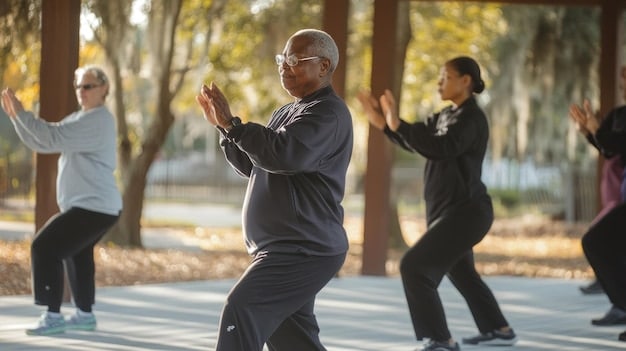 A group of diverse individuals of varying ages and body types practicing Tai Chi in a lush green park, with a Tai Chi instructor leading them. They are performing a slow, flowing movement, and the sunlight filters through the trees, creating a peaceful atmosphere.