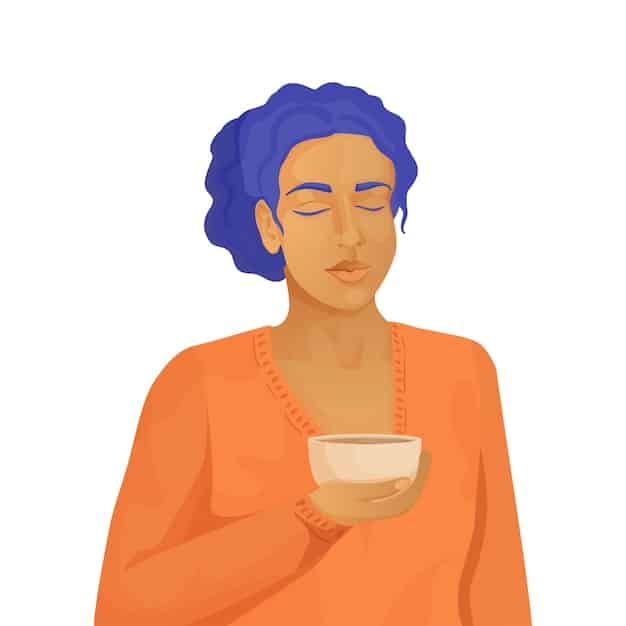A person mindfully drinking a cup of tea, with their eyes closed and a serene expression on their face, symbolizing the practice of mindful eating and the peacefulness it can bring.