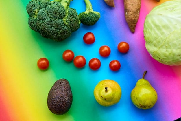 A close-up shot of various colorful fruits and vegetables arranged in a vibrant display. Focus is on fresh, healthy ingredients promoting a balanced diet.