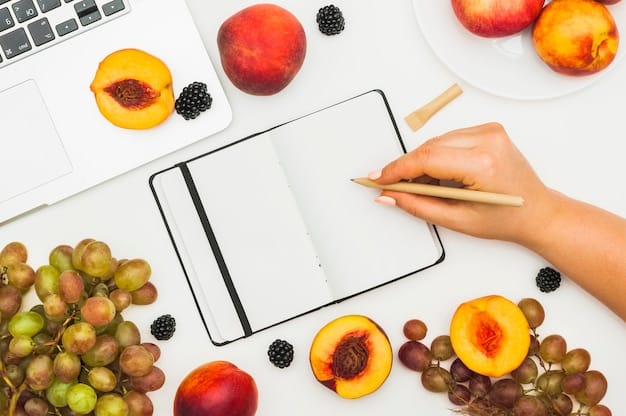 An image showing a person writing in a meal planning notebook, surrounded by fruits, vegetables, and healthy recipe books. The scene emphasizes organization and the importance of planning before starting the meal prep process.