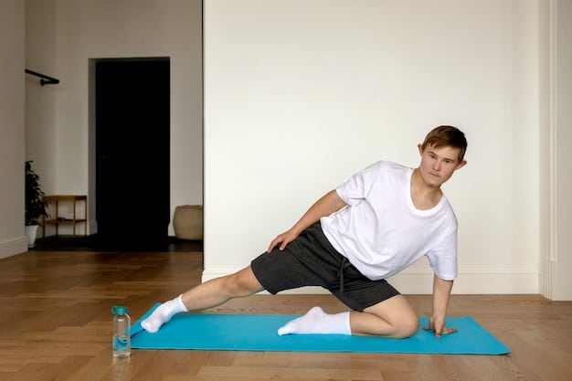 A person is kneeling on the floor in a lunge position, stretching their hip flexors. Their front knee is bent at a 90-degree angle, and their back knee is resting on the floor. The person is gently pushing their hips forward to deepen the stretch.