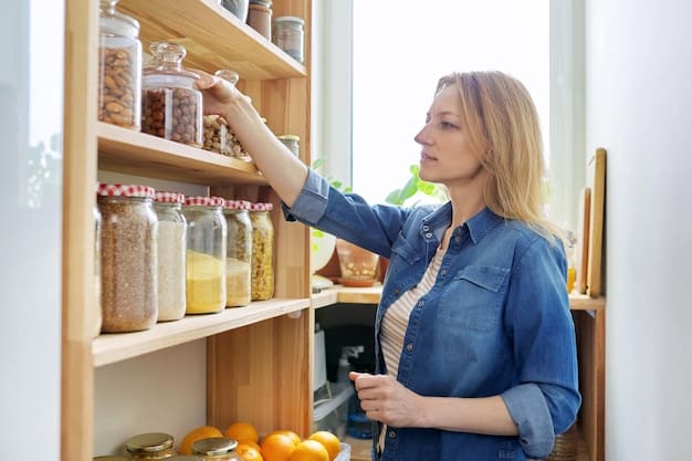 Shelves stocked with various bulk food items like grains, nuts, and dried fruits in clear containers. The image conveys the idea of cost savings and pantry organization.