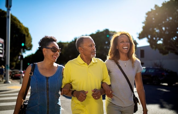 A group of diverse people participate in a walking club, walking together with smiles on their faces. They are walking on a sunny city sidewalk, showcasing a sense of community and shared activity.