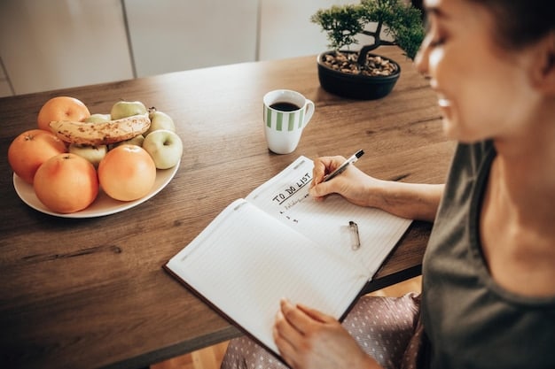 A person writing in a journal about their intermittent fasting schedule, with healthy food options like fruits and vegetables in the background. The scene is calm and organized, conveying a sense of mindful planning and self-care.