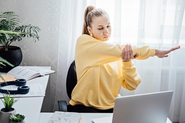 A person demonstrating stretches at a desk, including neck rotations, shoulder blade squeezes, and wrist extensions.