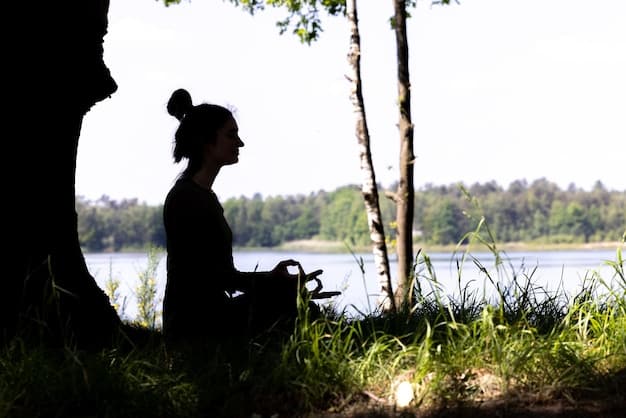 A person in a yoga pose outdoors, meditating in a serene natural setting at sunset, symbolizing mindfulness and connecting with nature for mental well-being.