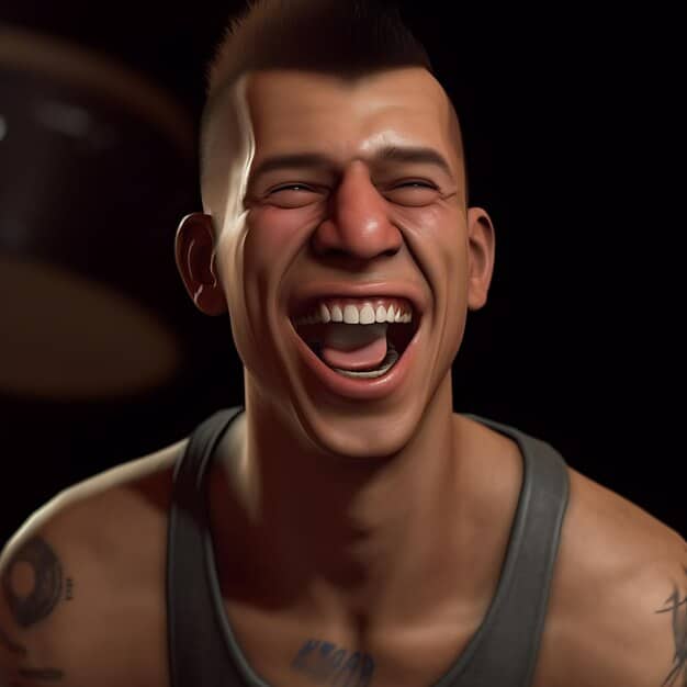 A close-up shot of a person's face mid-laugh, highlighting the muscle engagement and the genuine expression of joy.