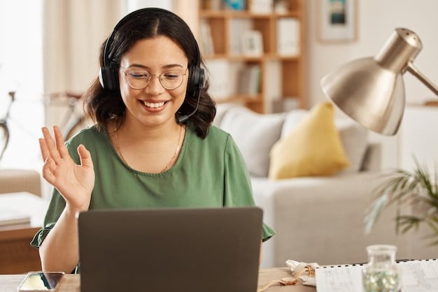 A person on a video call using a laptop, communicating with a virtual assistant, both smiling and engaged in the conversation.