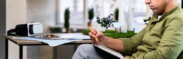 A person sitting at a desk, thoughtfully writing in a notebook. The focus is on the act of reflection and planning, with a pen in hand and a serene expression. The background is softly blurred, emphasizing the individual's concentration.