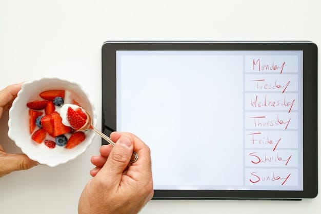 A digital calendar app on a tablet showing a brightly colored, well-organized time-blocked schedule for the week ahead. The calendar includes blocks for work, exercise, meals, and personal time.