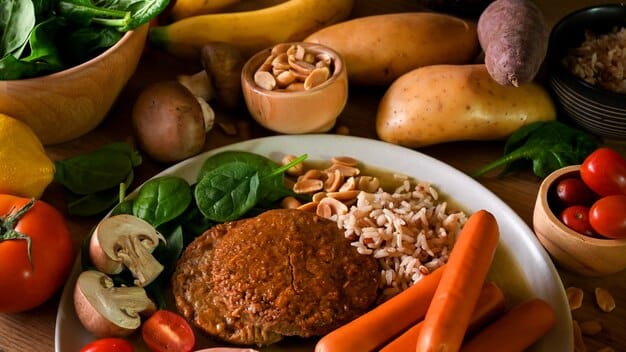 A close-up shot of a healthy and colorful meal, featuring a variety of vegetables, lean protein, and whole grains. The image should emphasize the importance of nutrition for self-care.