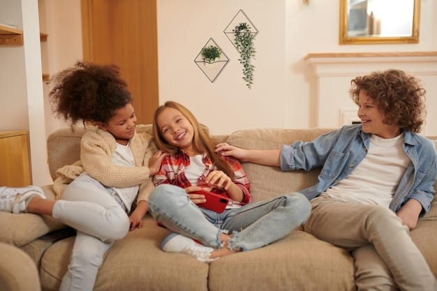 A family sitting together on a couch in a cozy living room, laughing and talking. The scene is warm and inviting, with soft lighting and comfortable furniture. The family members are making eye contact and showing genuine affection.