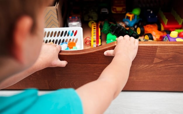 A child organizing their toys in a designated play area, demonstrating clear boundaries and expectations.