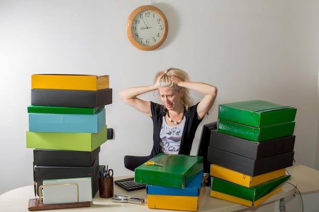 A stressed-out individual sitting at a messy desk, surrounded by piles of paperwork, looking overwhelmed and exhausted.