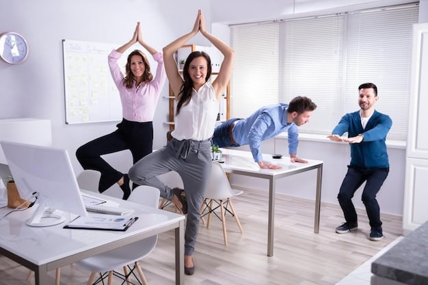 A group of colleagues taking a stretching break in their office, led by one person showing a simple yoga pose, all smiling and relaxed.
