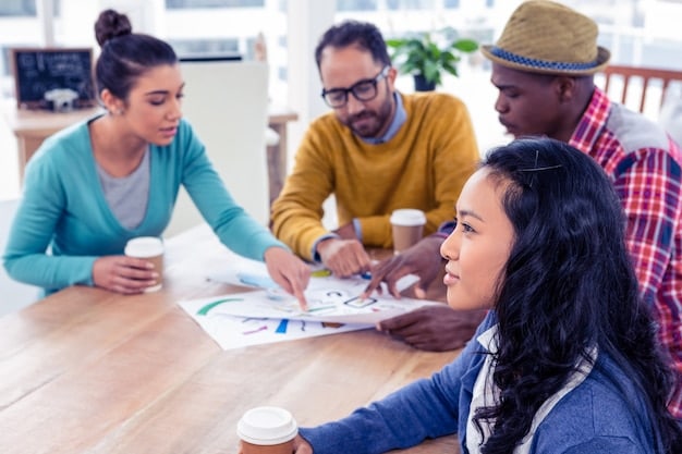 A diverse group of professionals collaborating around a table, brainstorming ideas and discussing task assignments. A whiteboard with project tasks and responsibilities is visible in the background. Ensure the image conveys teamwork and inclusivity.
