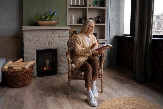 An elderly woman sits comfortably in a chair while a home health aide helps her read a book. Both are smiling. The setting is a cozy living room.