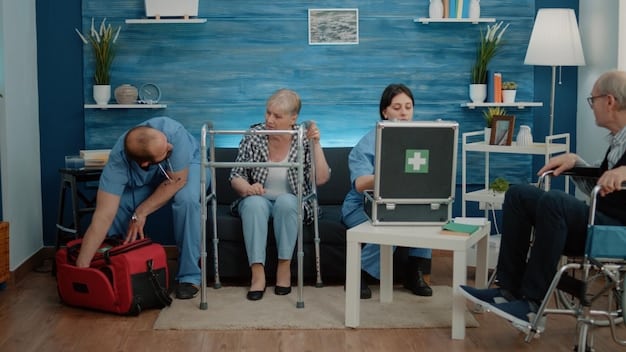 A caregiver types on a laptop, searching for respite care grants online. The background shows a comfortable home office setting.