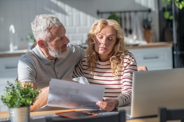 A middle-aged couple sitting at a desk, reviewing financial documents with a financial advisor, with a focus on ensuring a secure future for their family.