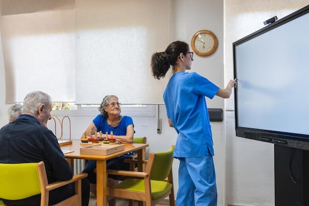 A caregiver attending a training session on providing specialized care. The room is filled with other caregivers, all focused on learning new skills and techniques. The image highlights the educational resources available through Medicaid waivers.