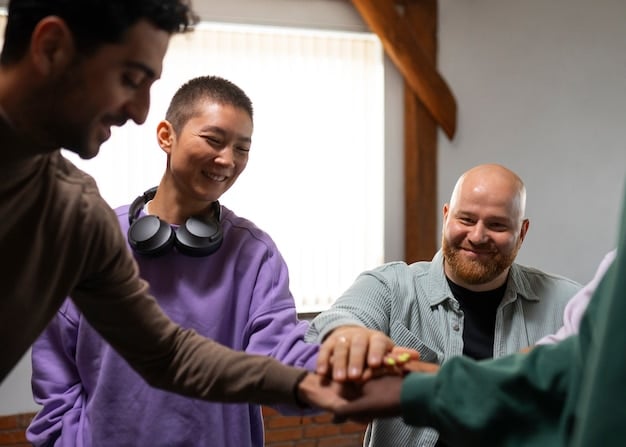 A photo of a diverse group of caregivers smiling and connecting with each other during a support group meeting, symbolizing solidarity and shared experiences.