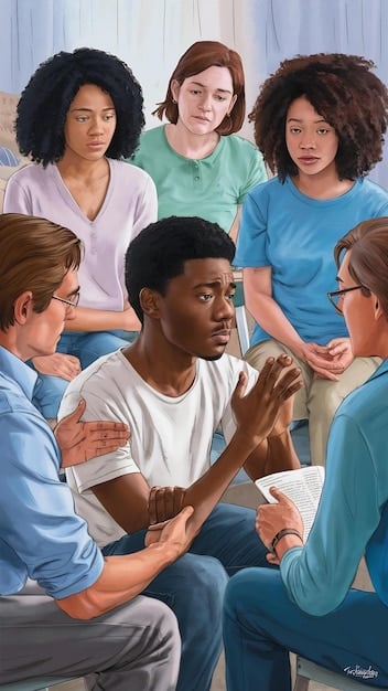 A supportive image depicting a caregiver attending a support group meeting, surrounded by other caregivers and a facilitator, all engaged in a conversation.