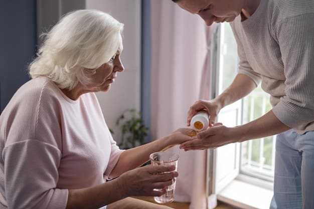 A caregiver assisting an elderly woman with medication in a home setting, with a focus on compassion and gentle care. Highlighting the day-to-day responsibilities of caregiving.