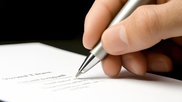 A close-up of a hand signing a legal document with the words 