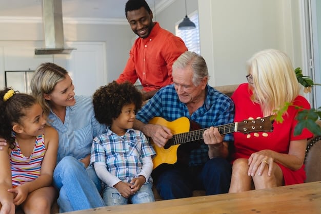 A group of seniors joyfully participating in a music therapy session at an adult day care center, led by a therapist playing a guitar. Capture the expressions of happiness, engagement, and connection among the seniors.