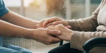 Close-up of a caregiver's hand holding an older adult's hand, symbolizing support and federal financial assistance.
