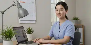 Organized female caregiver smiling at home office desk