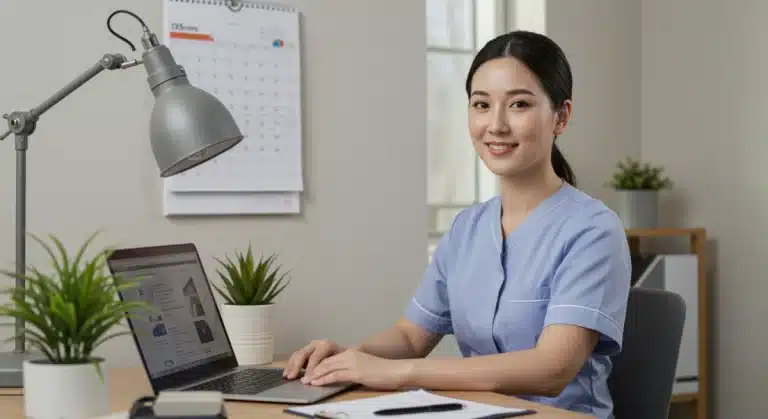 Organized female caregiver smiling at home office desk