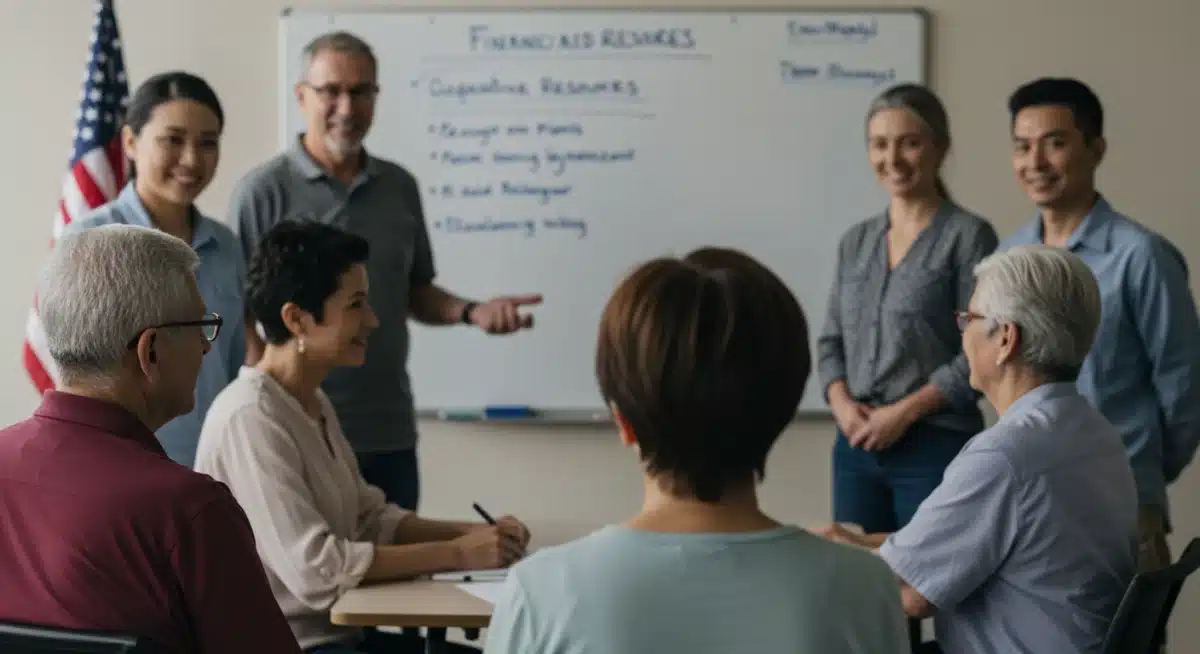 Diverse caregivers in a support group meeting discussing financial resources and federal aid options.