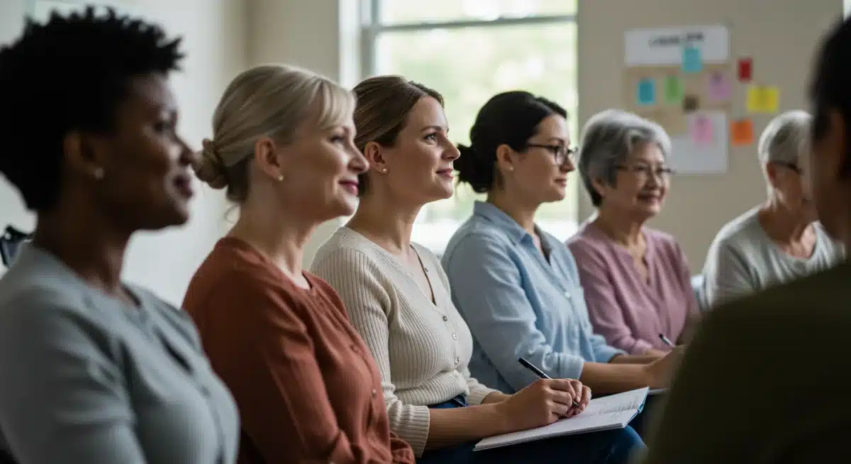 Diverse caregivers in a support group meeting, sharing experiences and finding community resources.