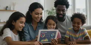 Family interacting with a wellness app on a tablet in their living room