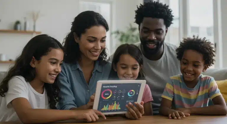 Family interacting with a wellness app on a tablet in their living room