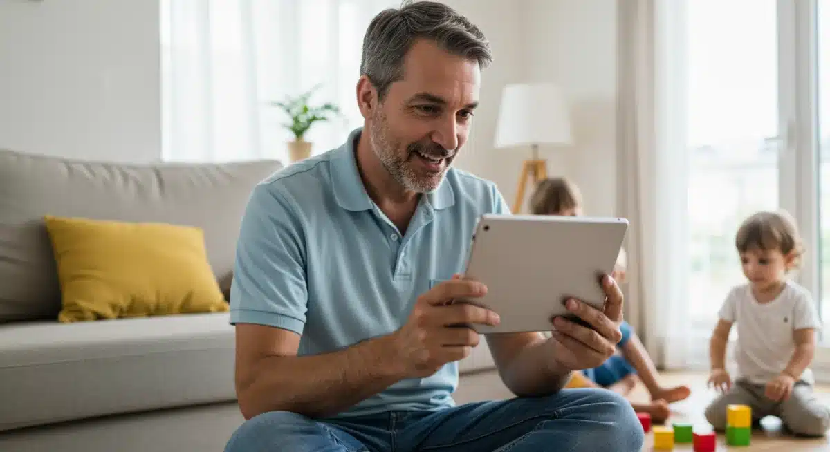 Male caregiver multitasking with tablet and child in modern living room