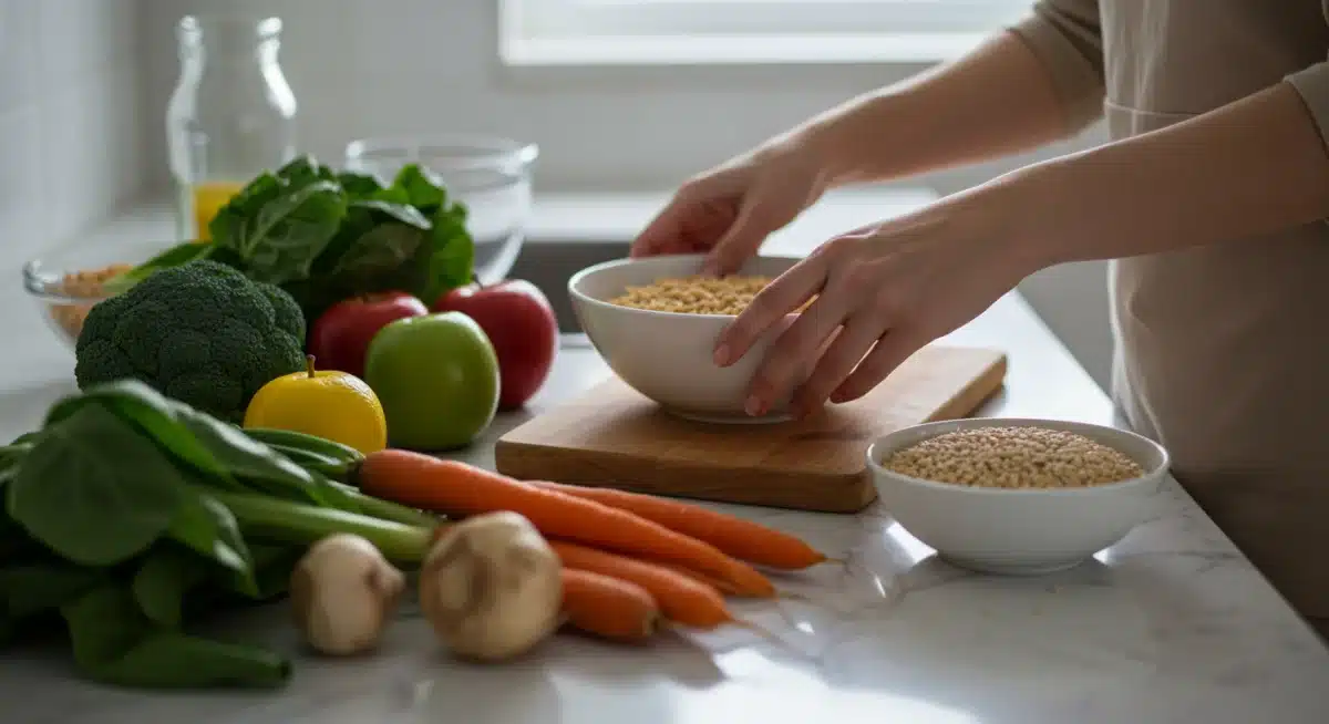Hands preparing healthy meal with fresh ingredients