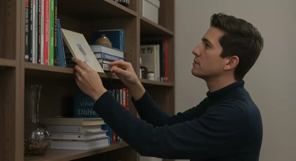 Person mindfully organizing a bookshelf, focusing on intentional placement.