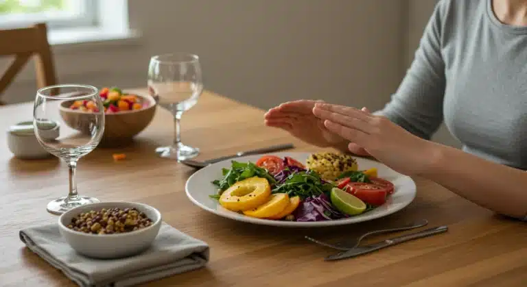 Person practicing mindful eating with fresh, colorful food