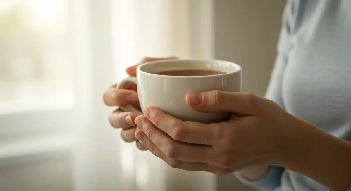 Hands holding a warm cup, symbolizing a mindful moment