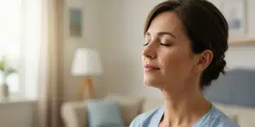 Serene caregiver practicing mindfulness, reducing stress