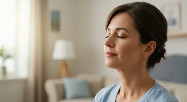 Serene caregiver practicing mindfulness, reducing stress