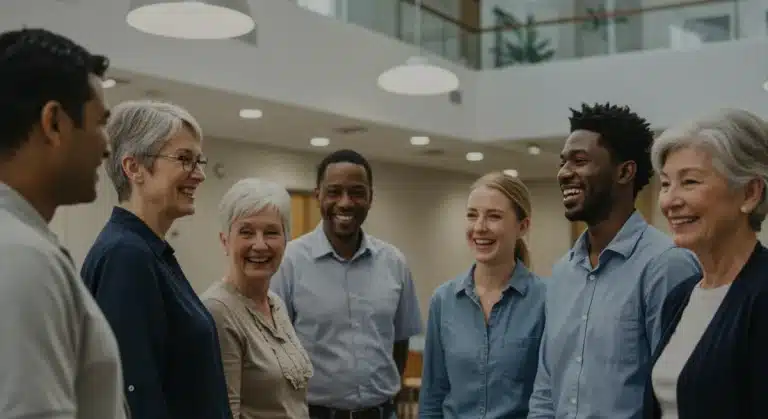 Diverse caregivers and care recipients connecting in a supportive community setting, symbolizing a robust support network.