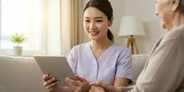 Smiling caregiver integrating work and family life