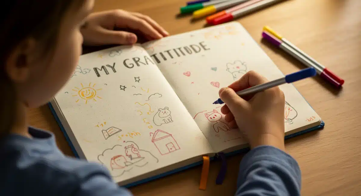 Child writing in a gratitude journal, fostering thankfulness