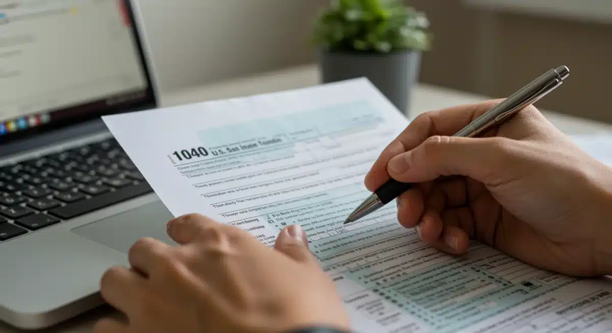 Person meticulously filling out tax forms, emphasizing attention to detail for claiming caregiver tax credits.